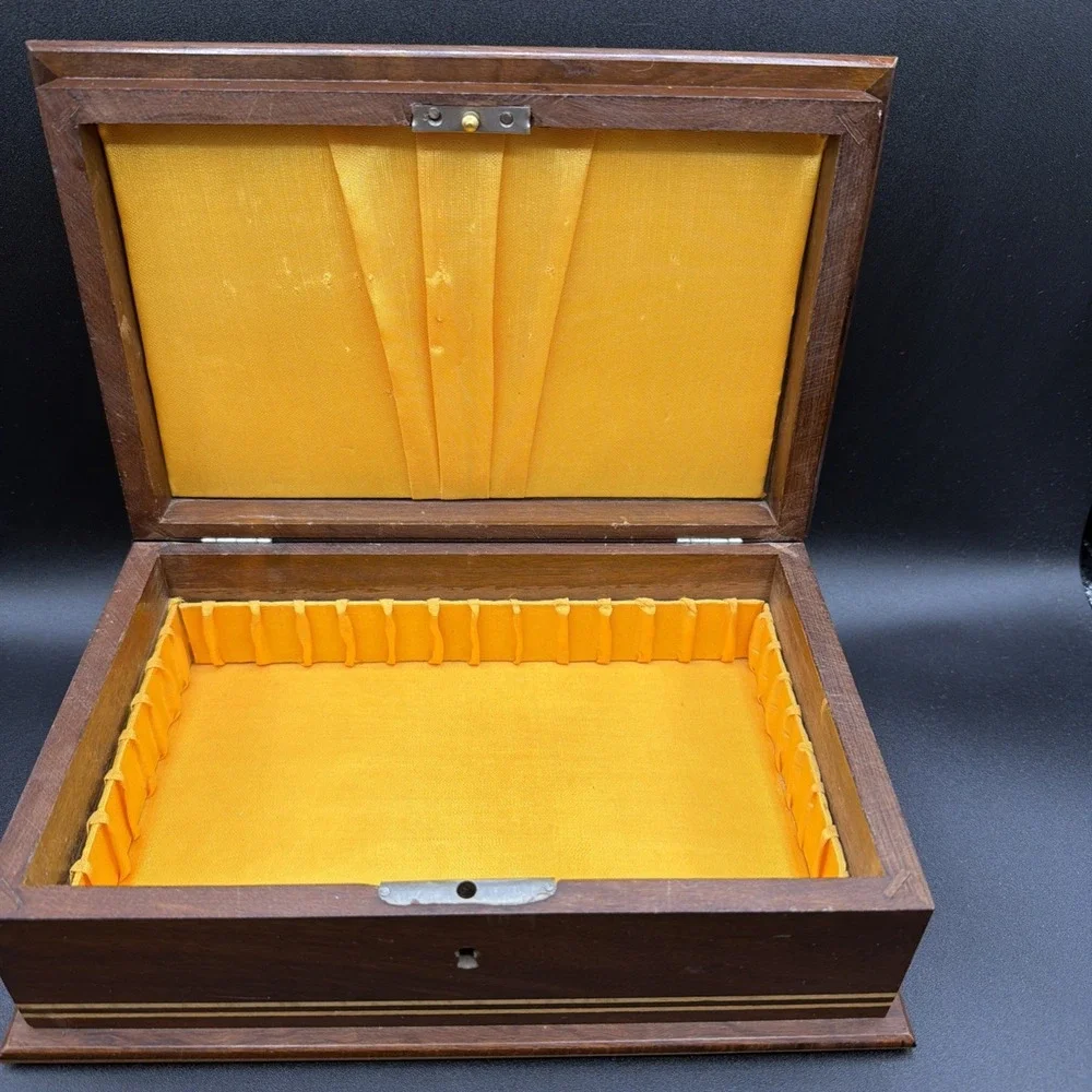 Vtg Wood Jewelry Box 3 Tone Rose Floral Inlay Brazil Yellow Lining 9.5x6.25